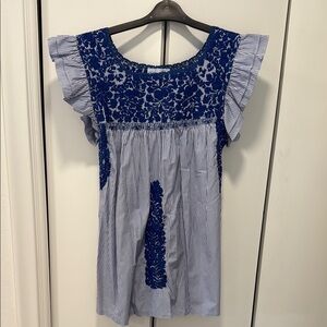 Mi Golondrina Blue and White Embroidered Top